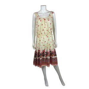 Vintage 70s Prairie Sundress Womens Large Peacock Bird Border Print Fit N Flare